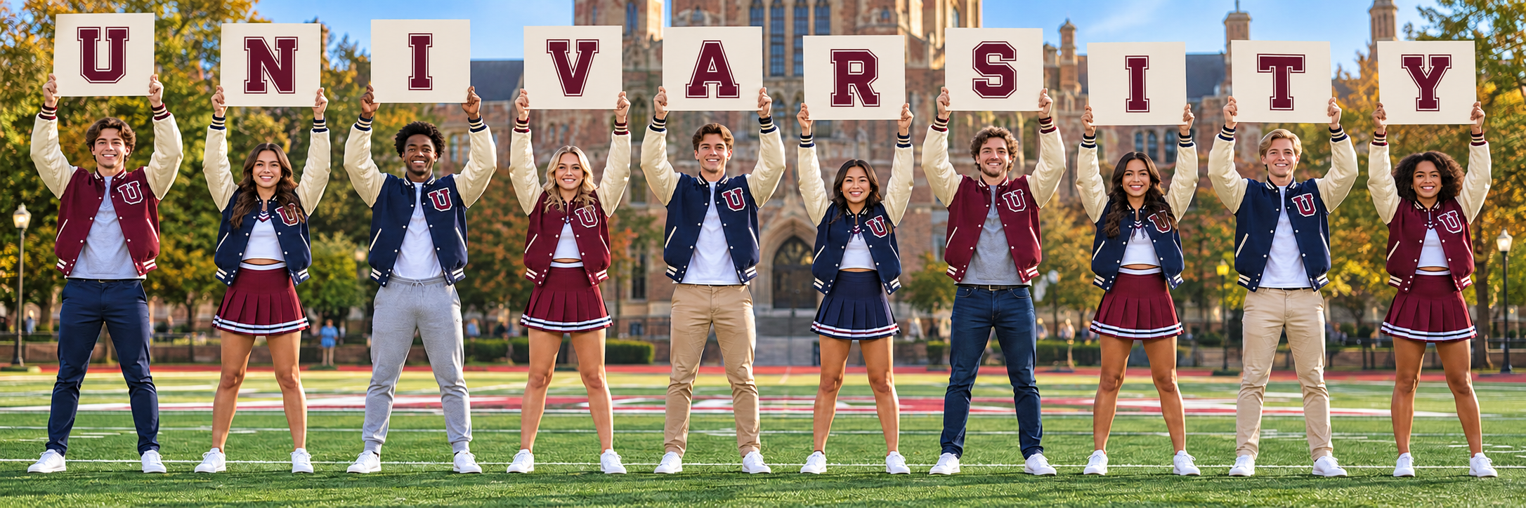 A photorealistic AI-generated cheer squad in letterman jackets holding signs spelling Uni-Varsity